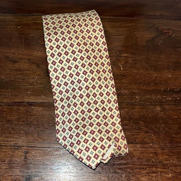 Crème Tan & Red print used Liberty of London England print Silk Neck tie - Picture 1 of 4